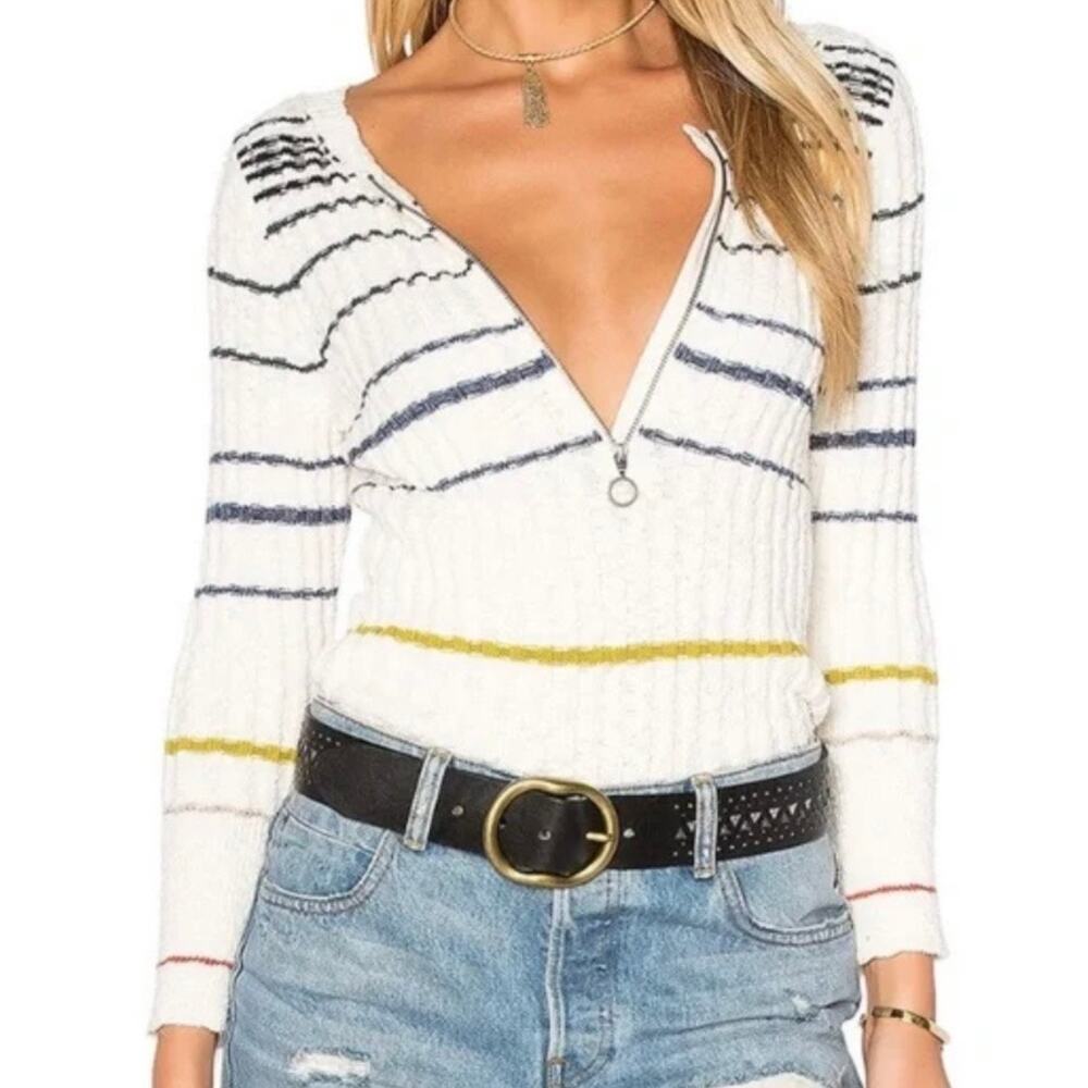 FREE PEOPLE | Rossi Striped Ribbed Knit Sweater Quarter-zip Neutral | Size Large